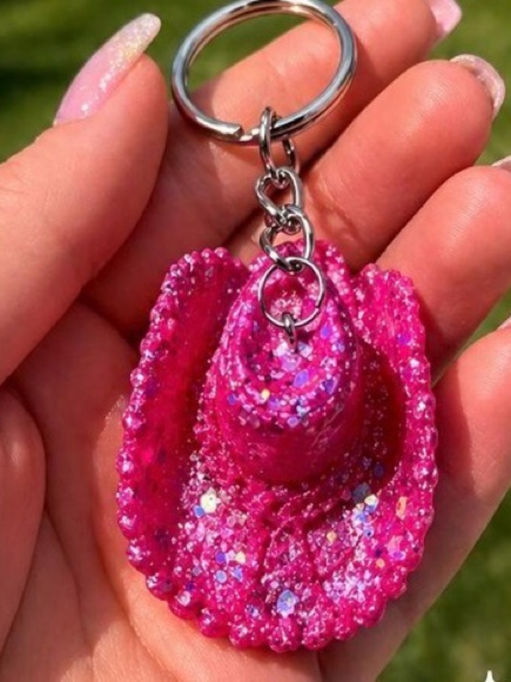 Pink Glitter Cowboy Hat Keychain - Stylish Women’s Key & Card Holder Accessory - Picture 1 of 8